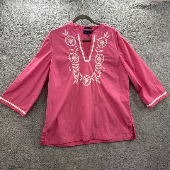 Jones New York Large Pink Tunic Top‎ Embroidered Floral V-Neck 3/4 Sleeves - Picture 5 of 10